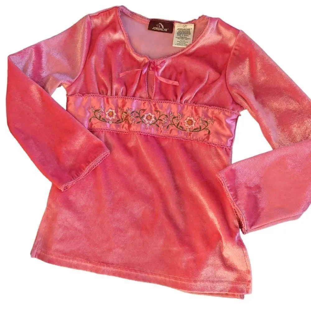Vintage girls Jordache pink‎ velour floral embroidered top size 7